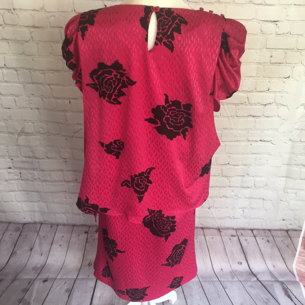 Vintage 80’s TF Satin Floral Bright Pink Knee Length Peplum Dress - Picture 8 of 14